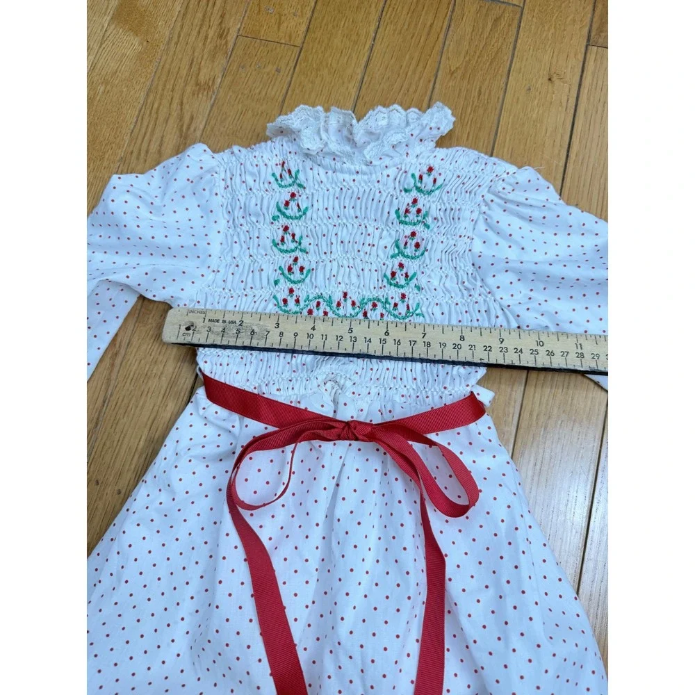Polly Flinders‎ Vintage Girls Smocked Dress Red Polka Dot Floral Lace Size 4